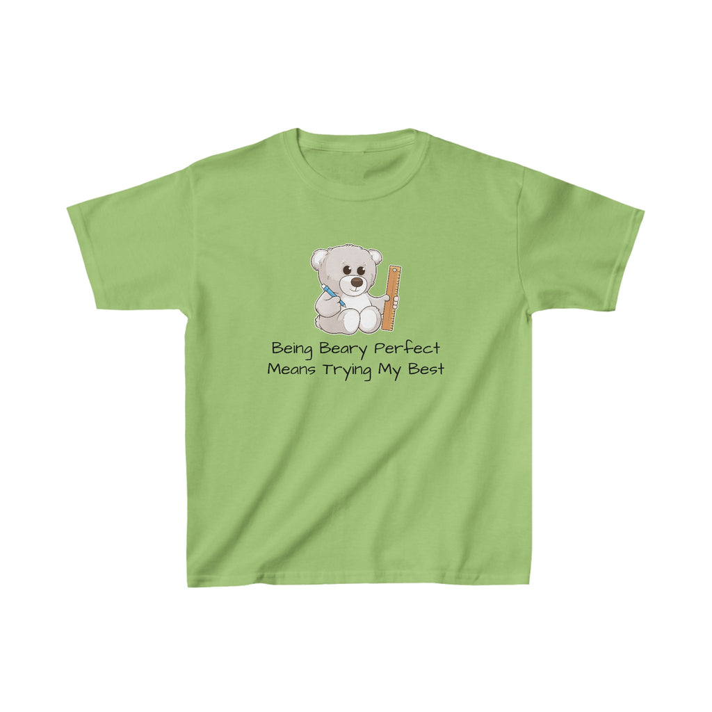 A short-sleeve lime green shirt with a picture of a bear that says "Being beary perfect means trying my best".