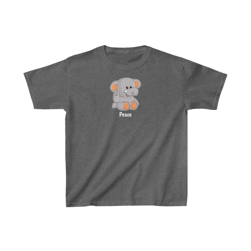 A short-sleeve dark grey shirt with a picture of an elephant that says Peace.