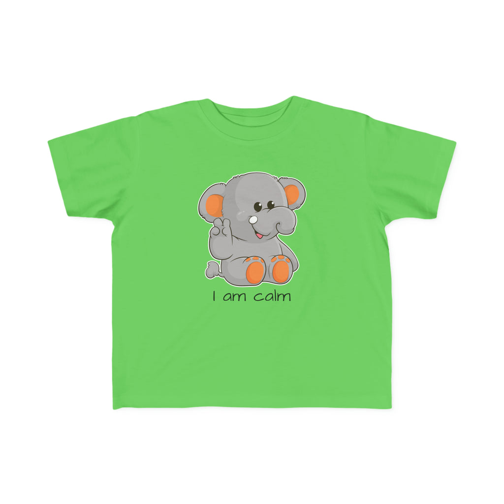 A short-sleeve green shirt with a picture of an elephant that says I am calm.