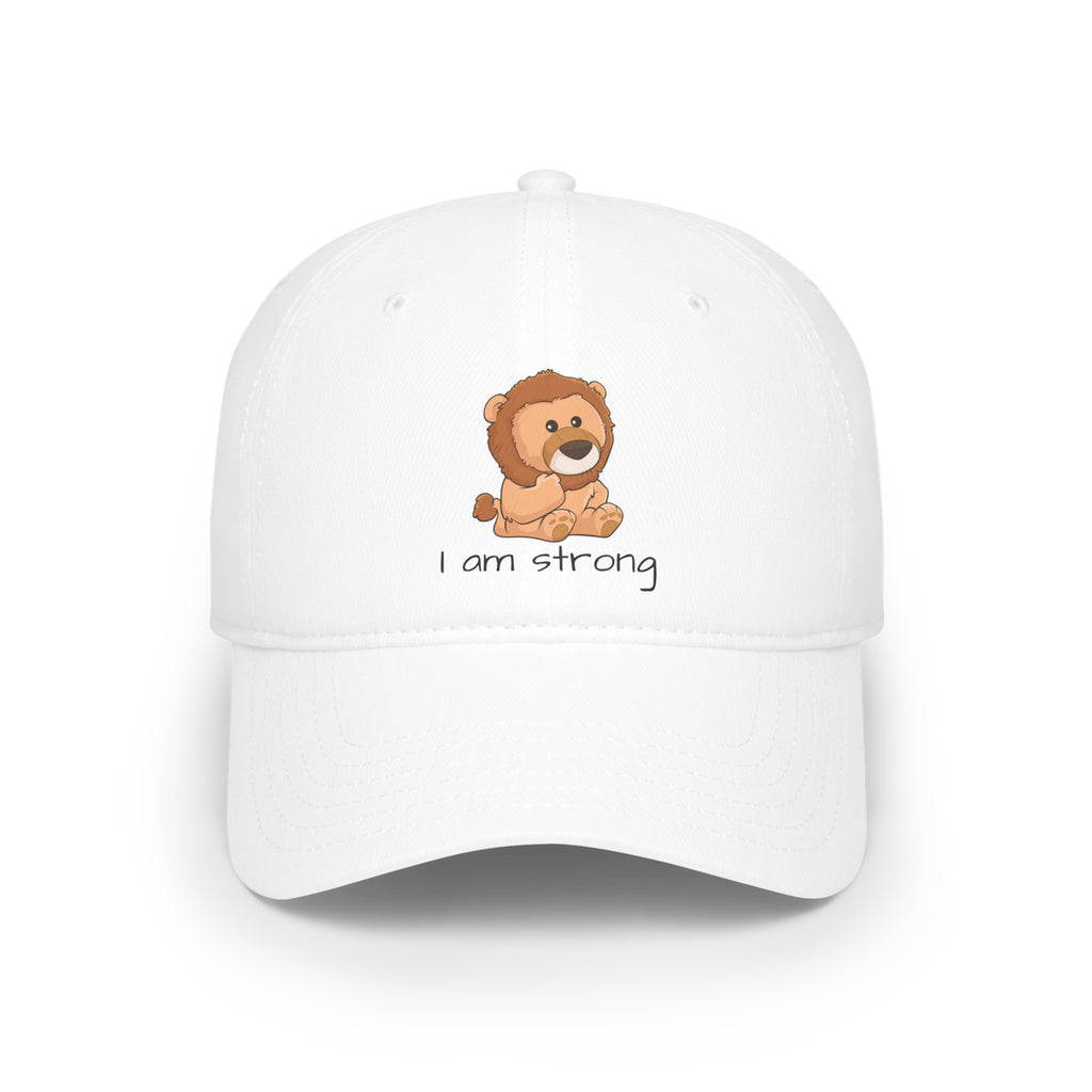 Front-view of a white baseball hat with a picture of a lion that says I am strong.