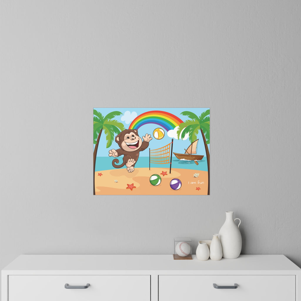 A 24 by 18 inch wall decal on a grey wall above a dresser. The wall decal has a scene of a monkey playing volleyball on the beach, a rainbow in the background, and the phrase "I am fun" along the bottom.