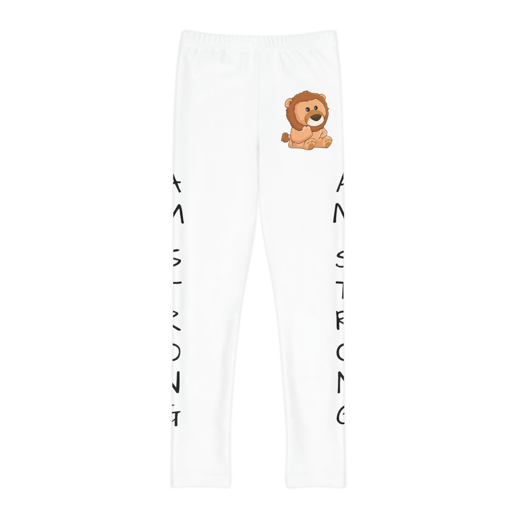 White leggings with a picture of a lion on the front left waist and the phrase "I am strong" read top to bottom on the side of each leg.