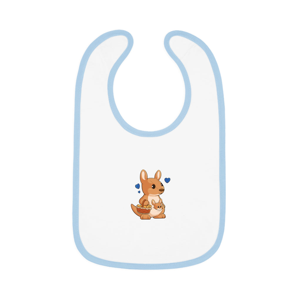 A white baby bib with light blue trim and a small picture of a kangaroo.