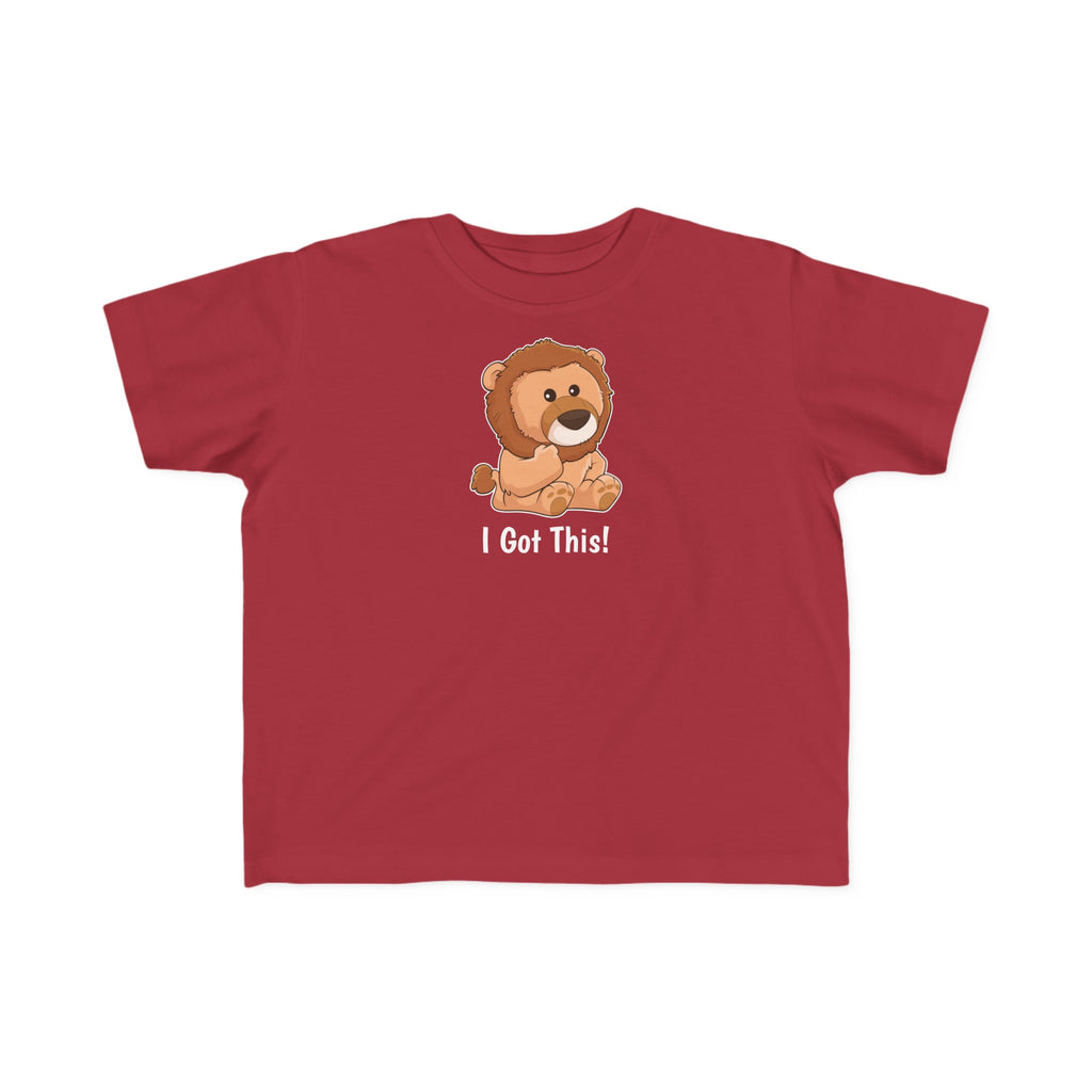 A short-sleeve garnet red shirt with a picture of a lion that says I Got This.