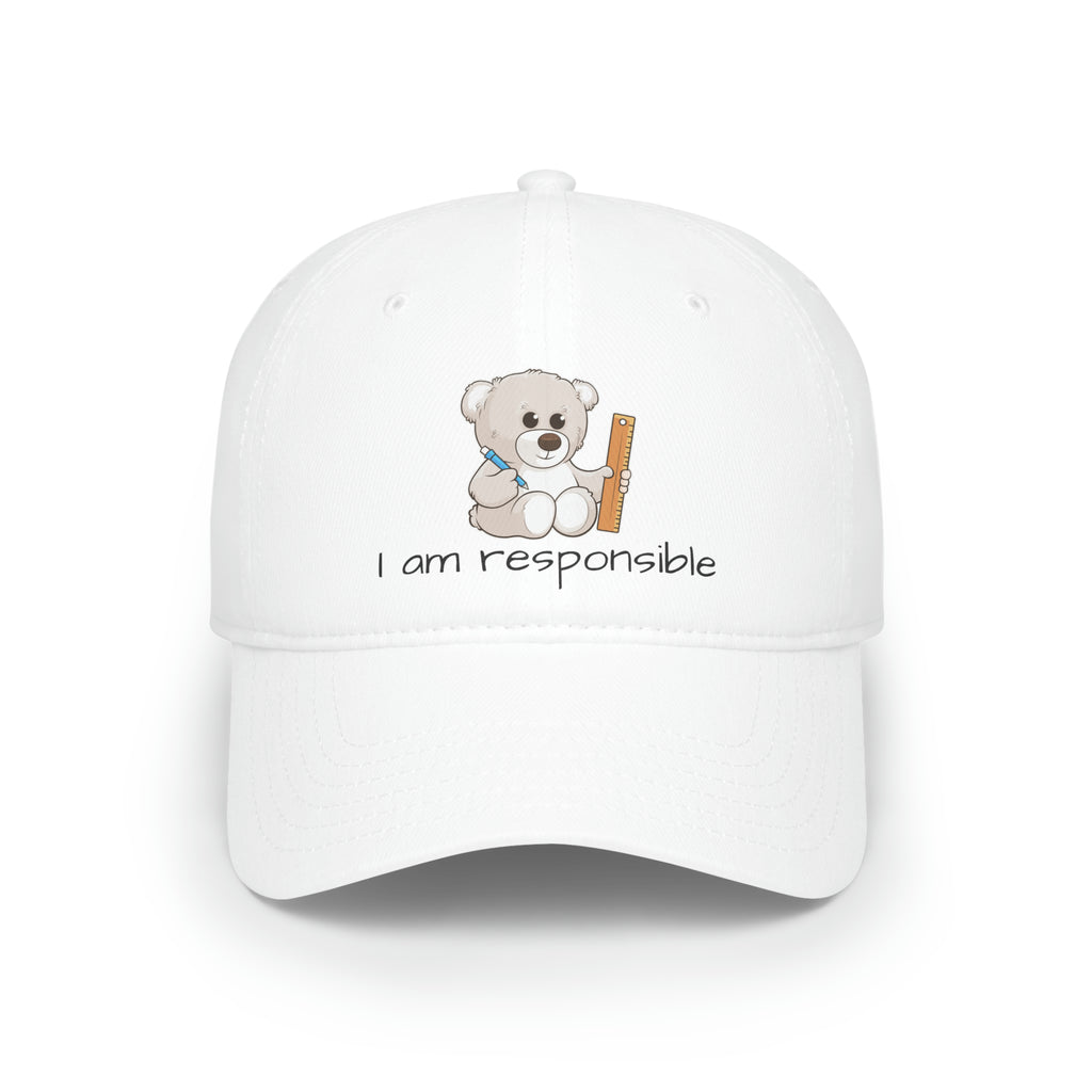 Front-view of a white baseball hat with a picture of a bear that says I am responsible.