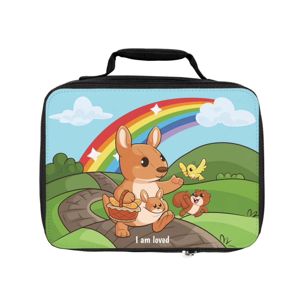 A rectangular lunch bag with a scene on the front of a kangaroo walking along a path through rolling hills, a rainbow in the background, and the phrase "I am loved" along the bottom.