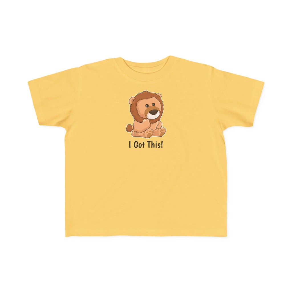 A short-sleeve yellow shirt with a picture of a lion that says I Got This.
