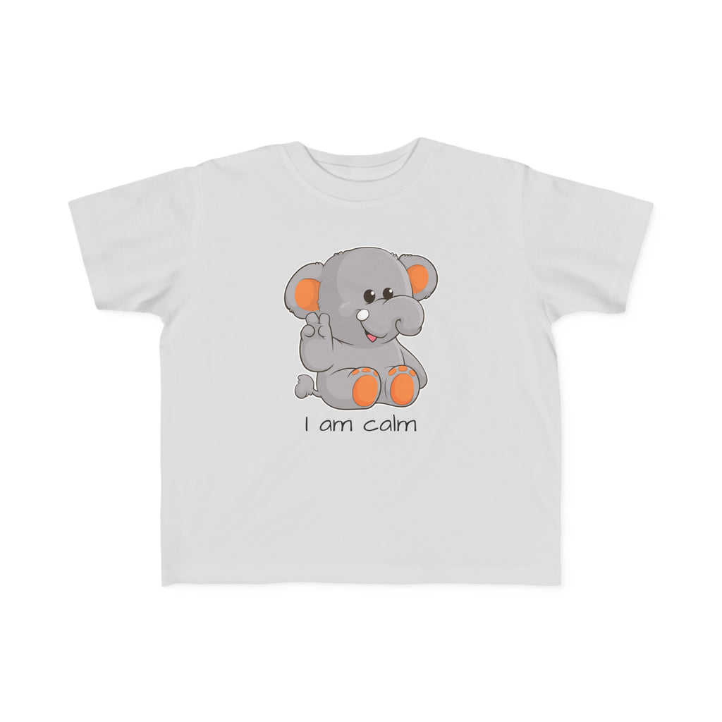 A short-sleeve grey shirt with a picture of an elephant that says I am calm.