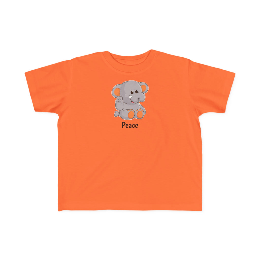 A short-sleeve orange shirt with a picture of an elephant that says Peace.