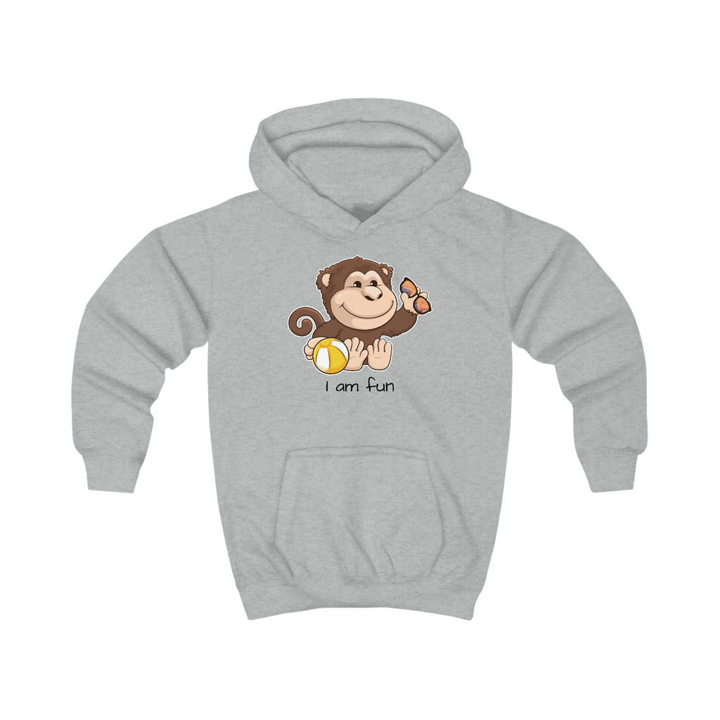 A heather grey hoodie with a picture of a monkey that says I am fun.
