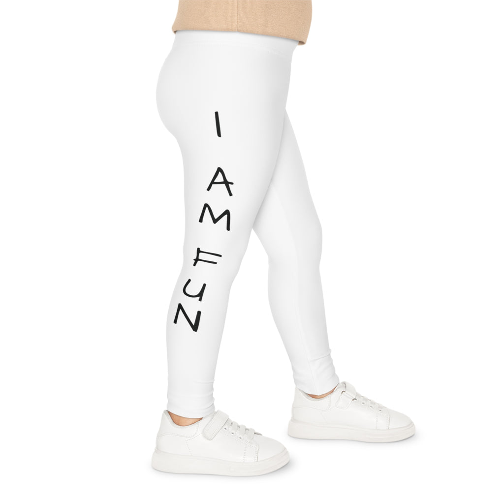 Right side-view of a child wearing white leggings with the phrase "I am fun" read top to bottom on the side of the leg.