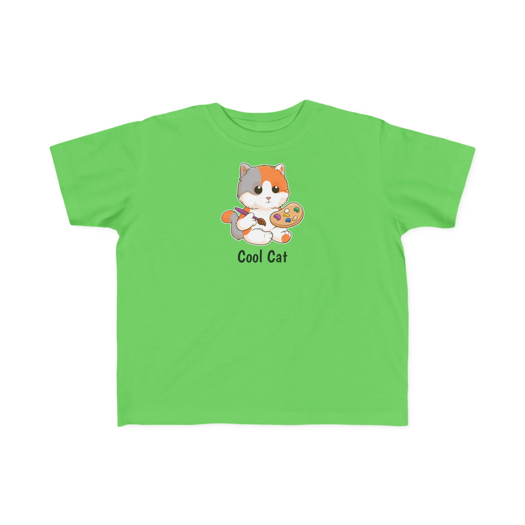 A short-sleeve green shirt with a picture of a cat that says Cool Cat.