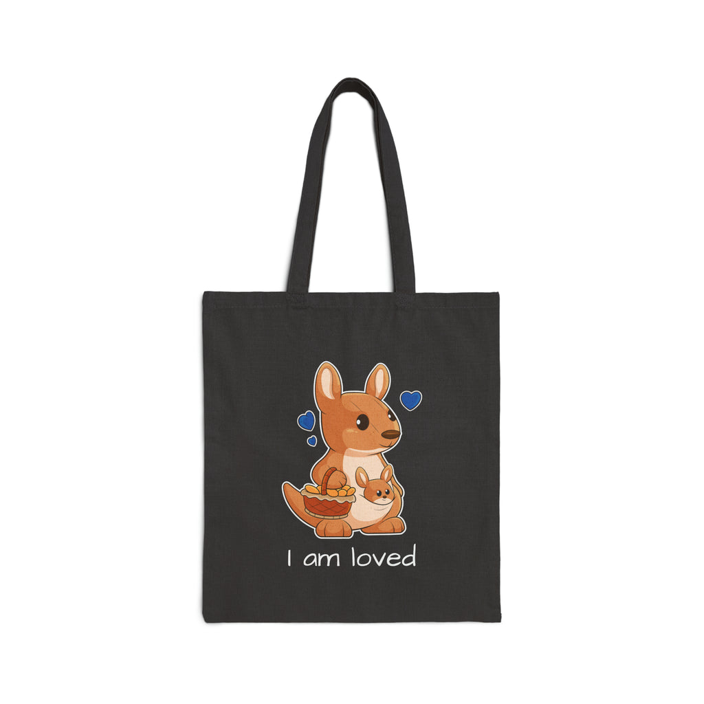 A black tote bag with a picture of a kangaroo that says I am loved.