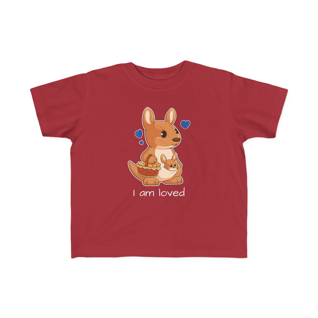A short-sleeve garnet red shirt with a picture of a kangaroo that says I am loved.