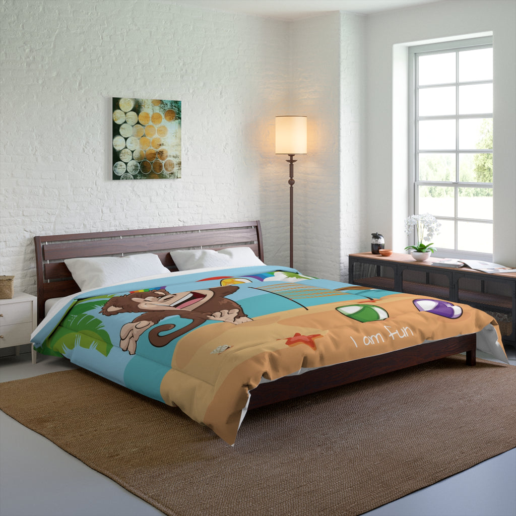 A 104 by 88 inch bed comforter with a scene of a monkey playing volleyball on a beach, a rainbow in the background, and the phrase "I am fun" along the bottom. The comforter covers a queen-sized bed.