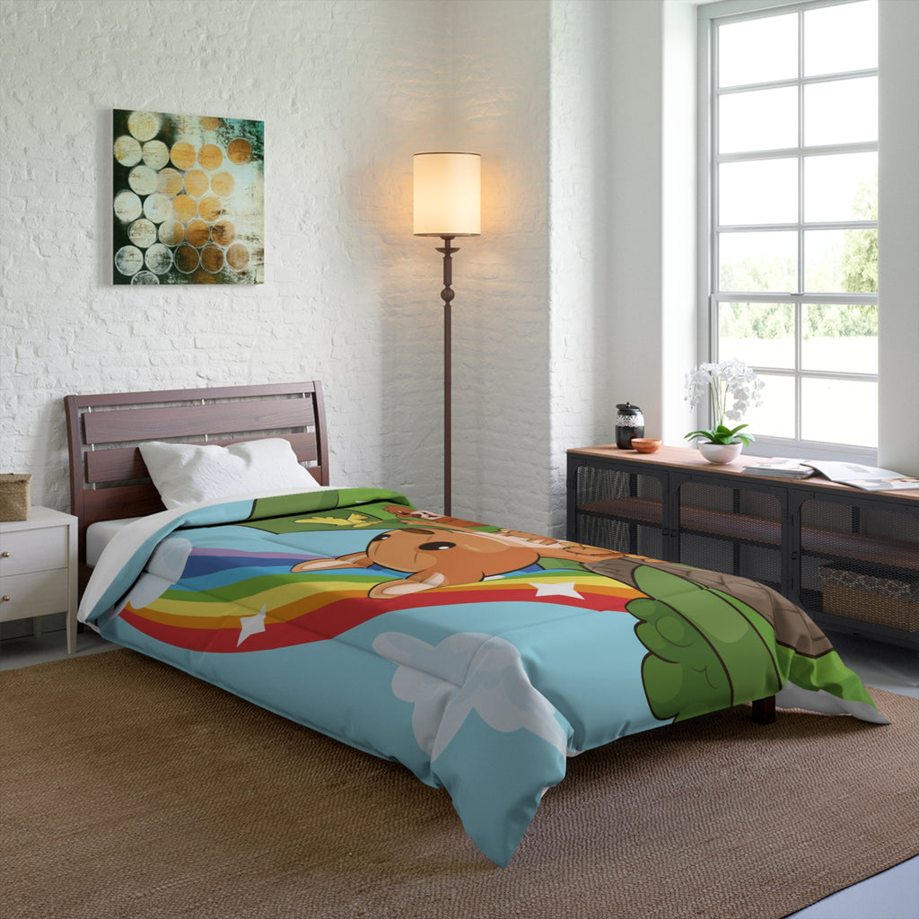 A 68 by 92 inch bed comforter with a scene of a kangaroo walking along a path through rolling hills, a rainbow in the background, and the phrase "I am loved". The comforter covers a twin extra long sized bed.