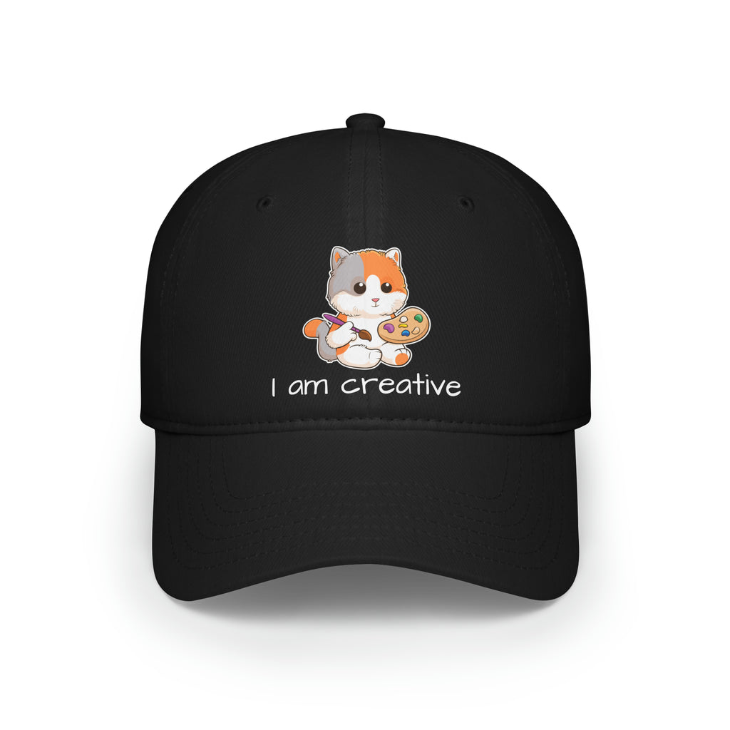 Front-view of a black baseball hat with a picture of a cat that says I am creative.