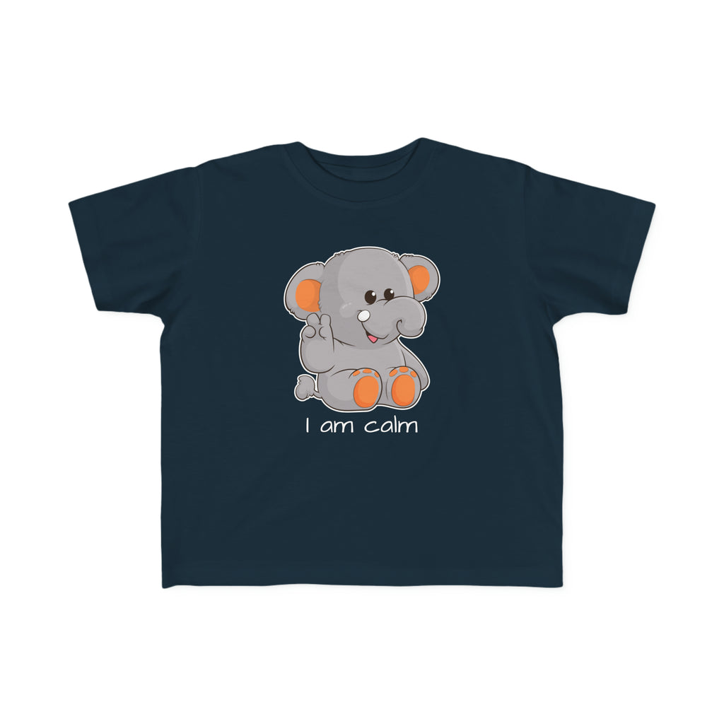A short-sleeve navy blue shirt with a picture of an elephant that says I am calm.