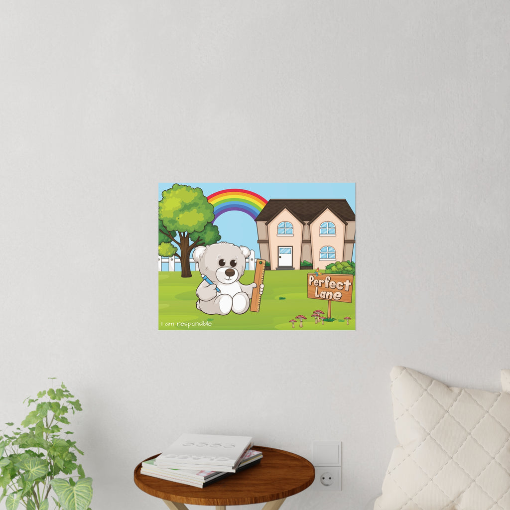 A 24 by 18 inch wall decal on a grey wall above a table and couch. The wall decal has a scene of a bear sitting in the yard of its house, a rainbow in the background, and the phrase "I am responsible" along the bottom.