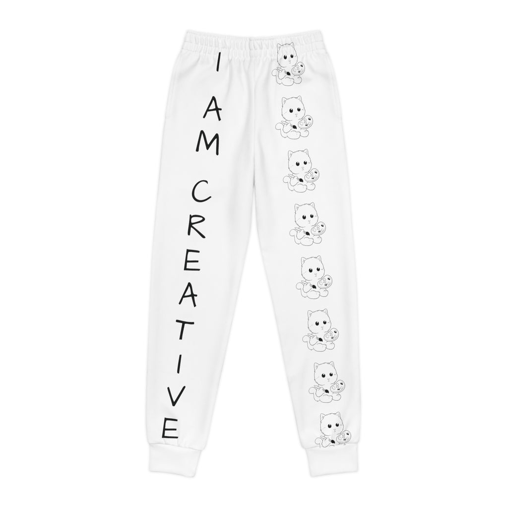 White sweatpants with a line of black and white cats down the front left leg and the phrase "I am creative" down the front right leg.