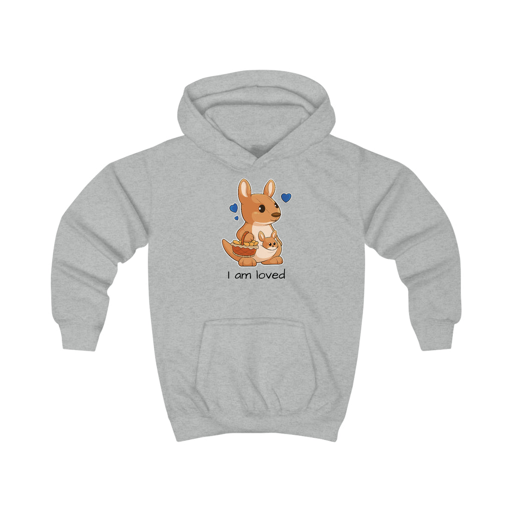 A heather grey hoodie with a picture of a kangaroo that says I am loved.
