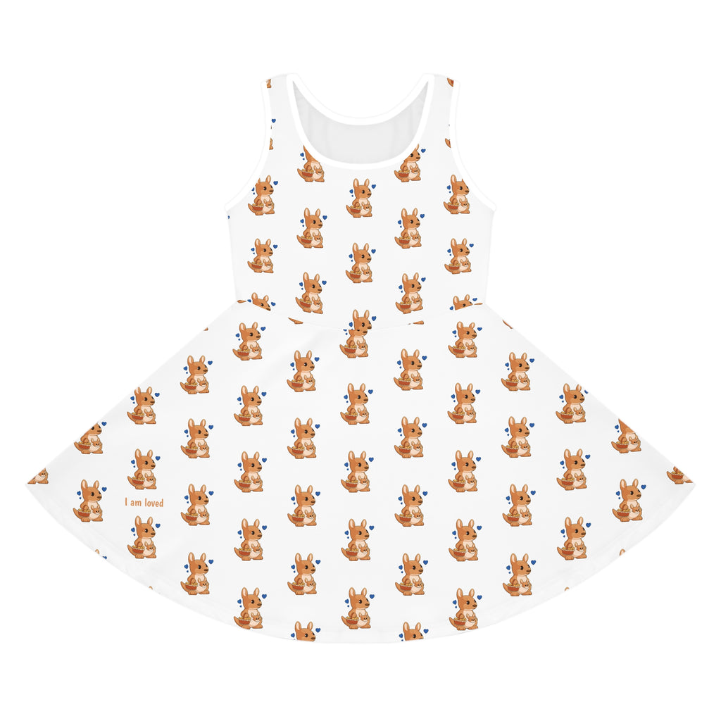 Front-view of a sleeveless white dress with a repeating pattern of a kangaroo.