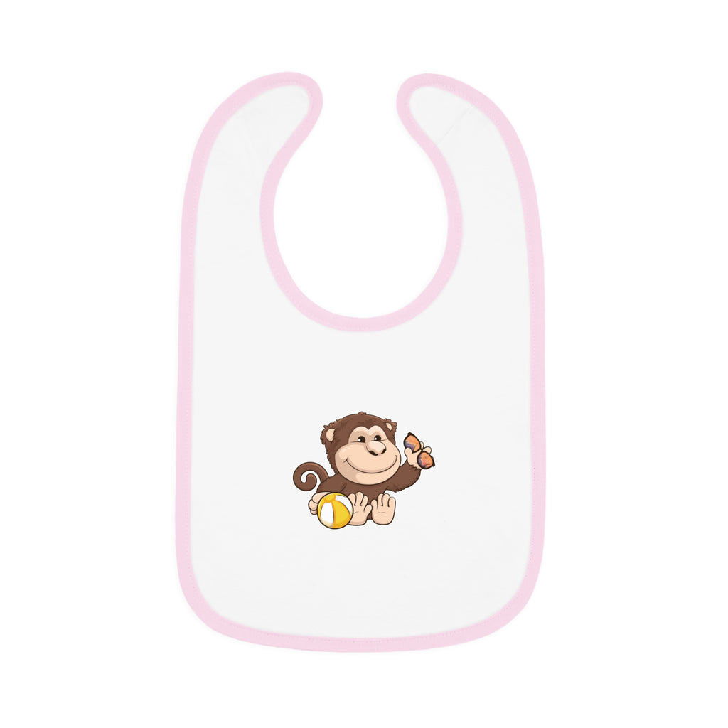 A white baby bib with light pink trim and a small picture of a monkey.
