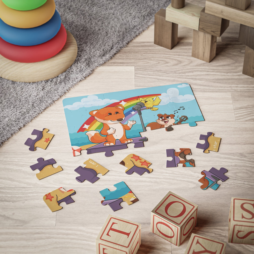 A 30 piece puzzle with a scene of a fox singing with a bird and squirrel on a stage on the beach, a rainbow in the background, and the phrase "I am a star" along the bottom. The puzzle is partially assembled on the floor of a child's playroom.
