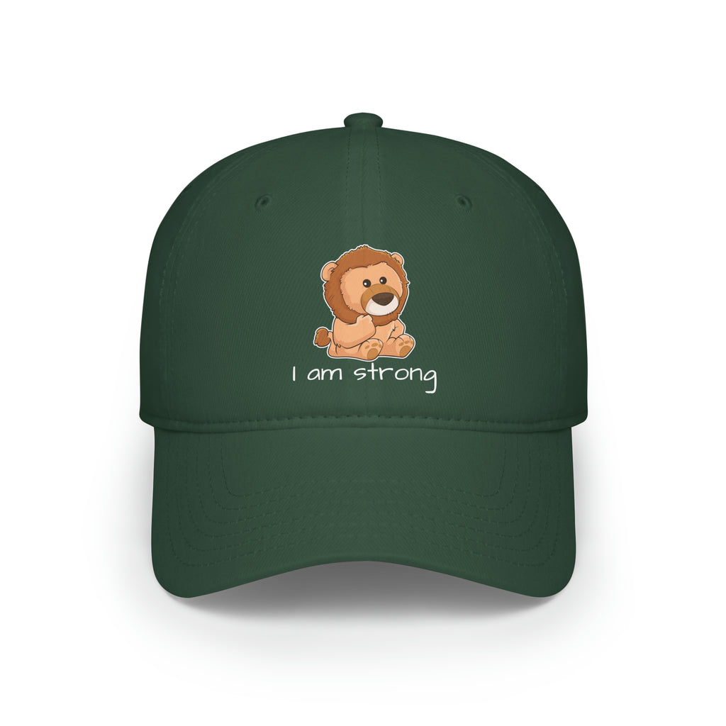 Front-view of a dark green baseball hat with a picture of a lion that says I am strong.
