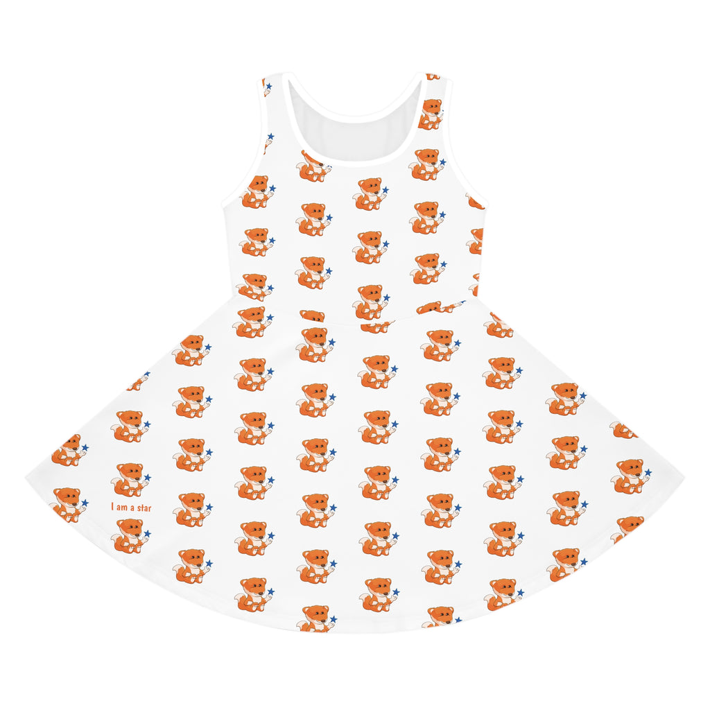 Front-view of a sleeveless white dress with a repeating pattern of a fox.
