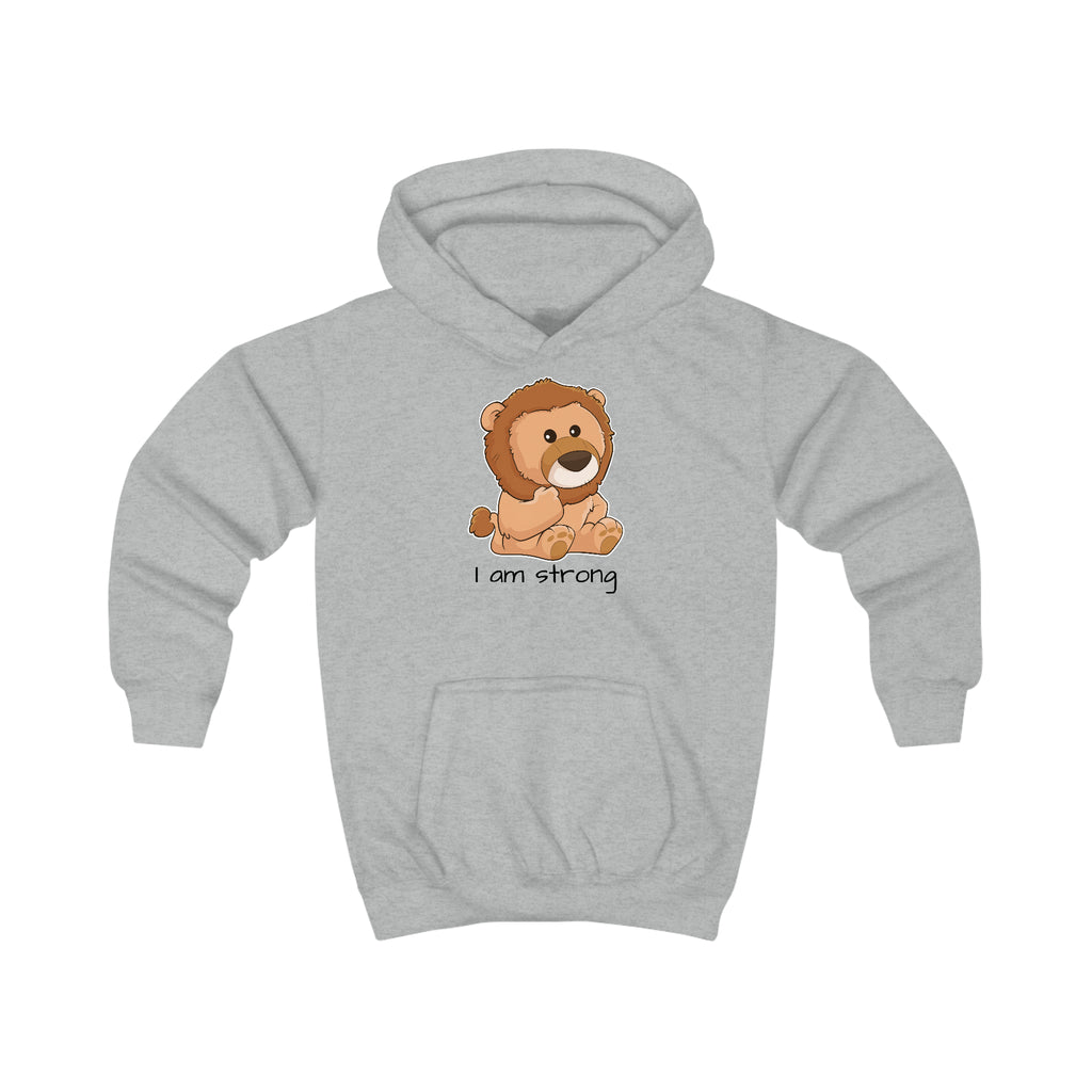 A heather grey hoodie with a picture of a lion that says I am strong.
