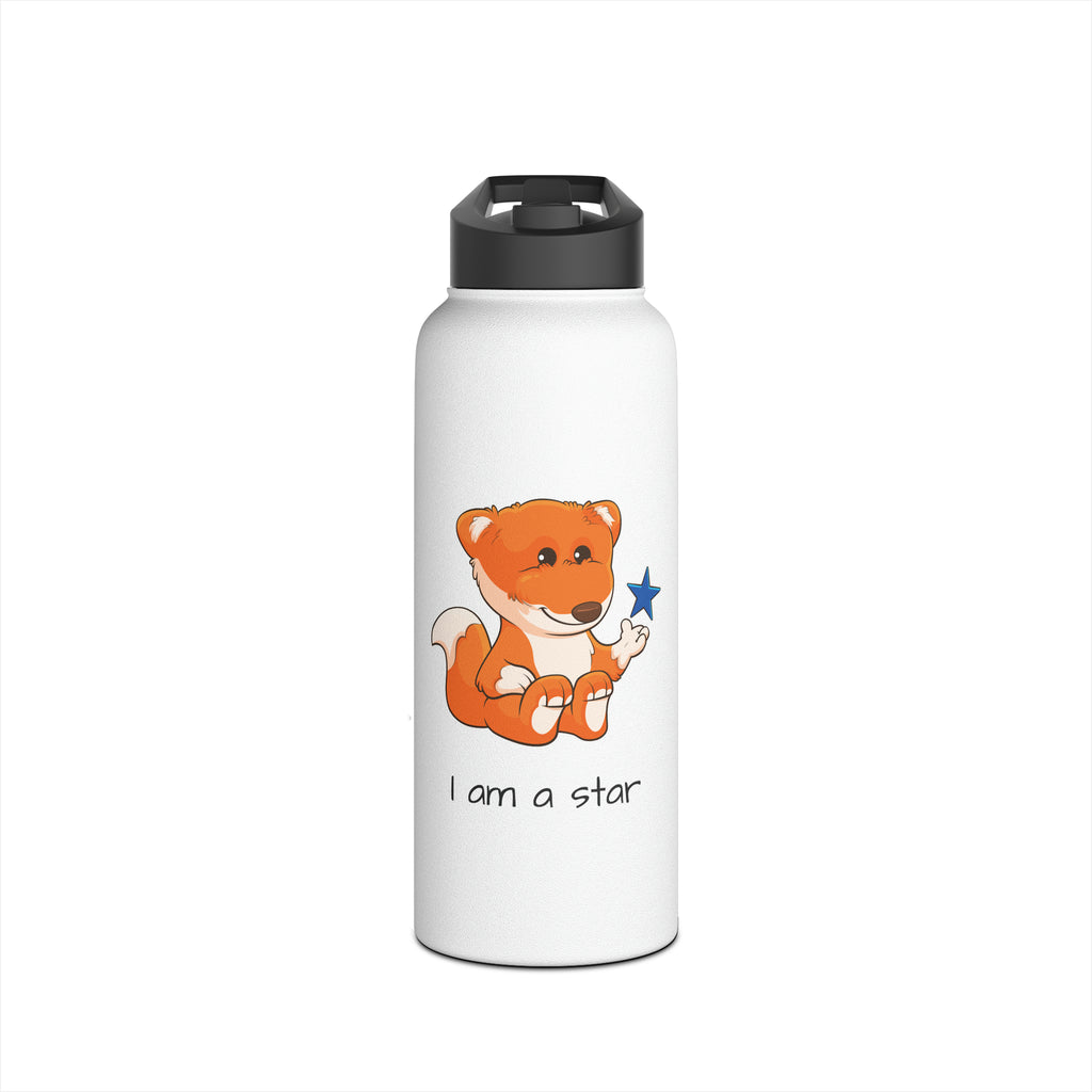 A 32 ounce white stainless steel water bottle with a black screw-on lid. The bottle features a picture of a fox that says I am a star.