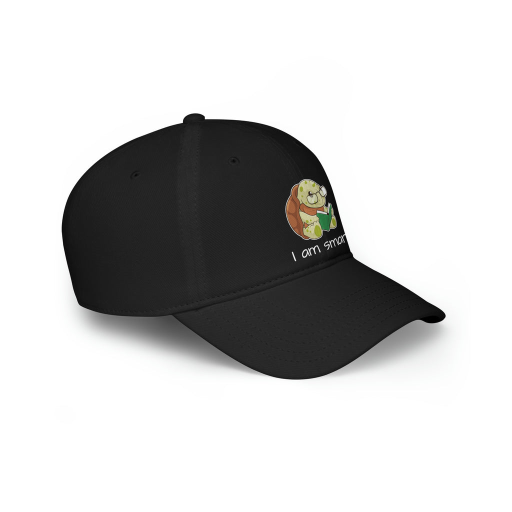 Side-view of a black baseball hat with a picture of a turtle that says I am smart.