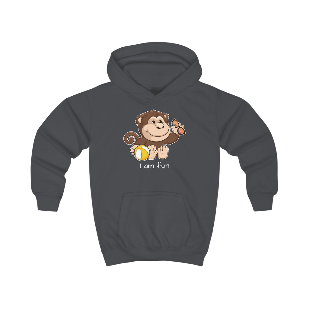 A charcoal grey hoodie with a picture of a monkey that says I am fun.
