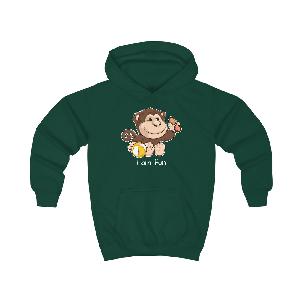 A dark green hoodie with a picture of a monkey that says I am fun.