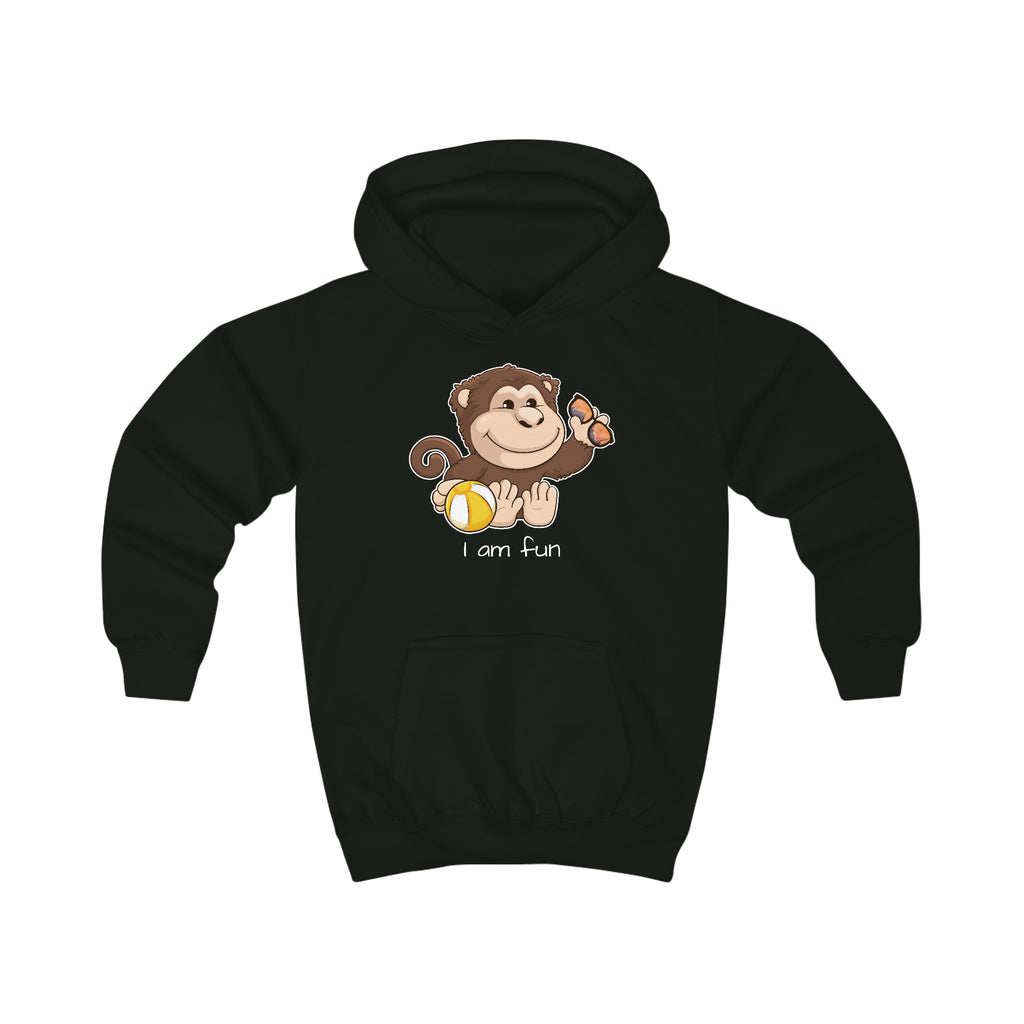 A black hoodie with a picture of a monkey that says I am fun.