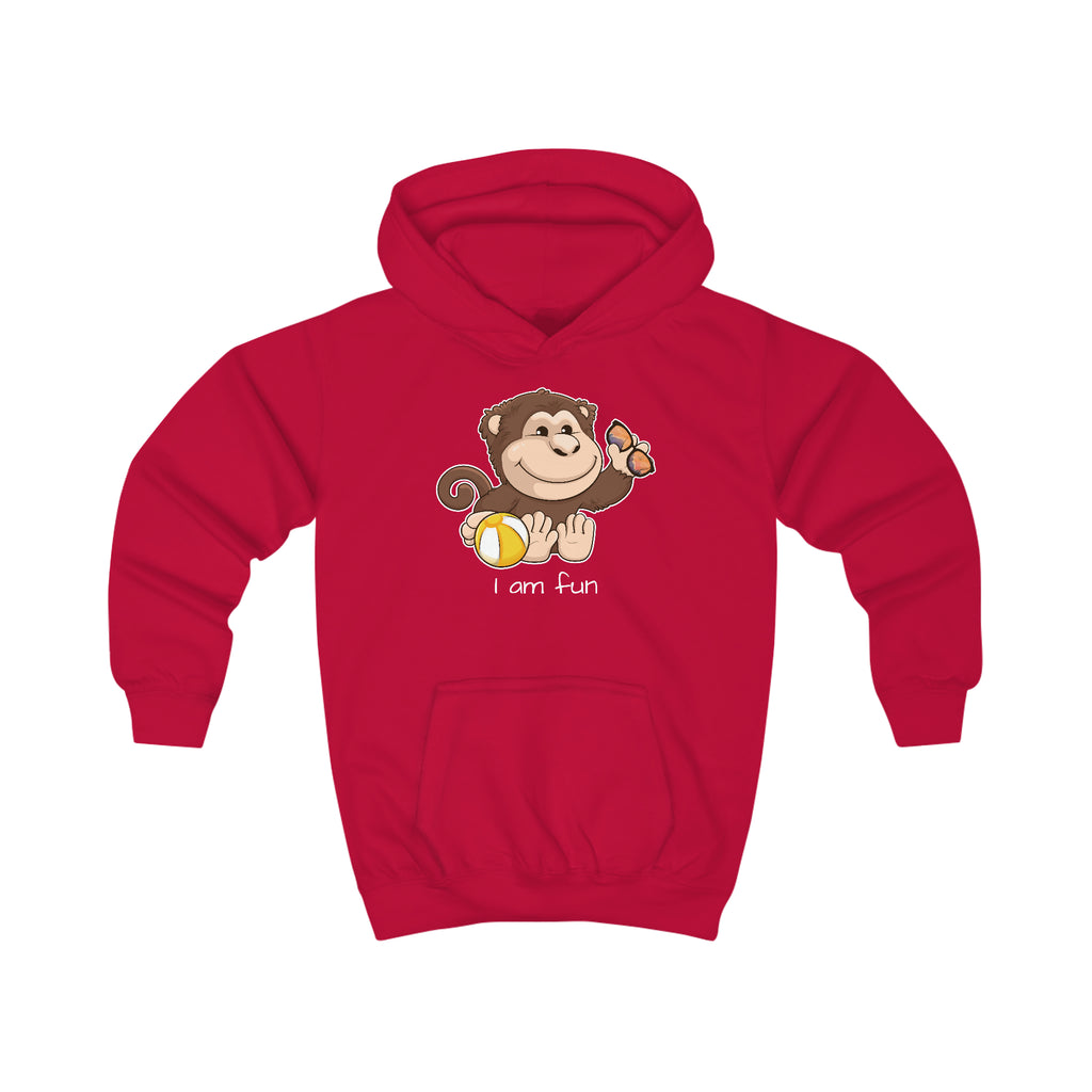 A red hoodie with a picture of a monkey that says I am fun.