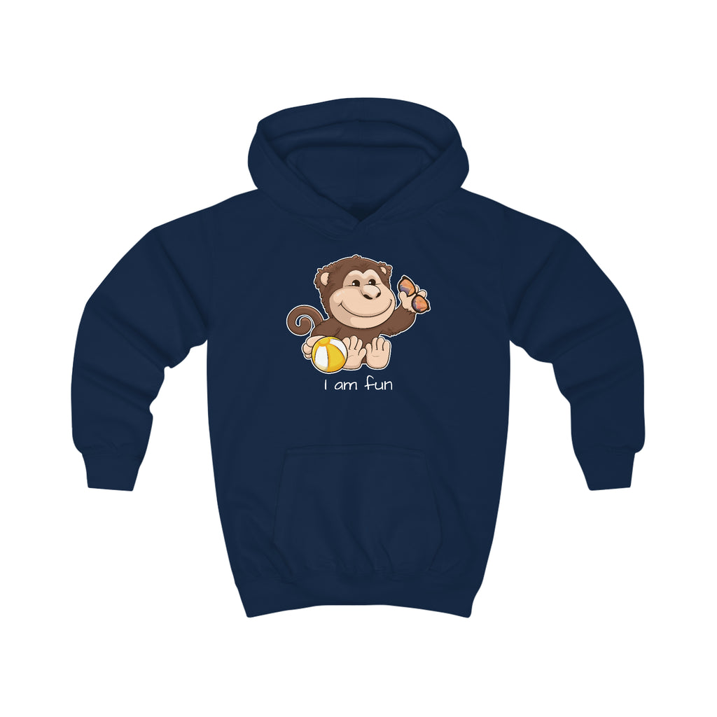 A navy blue hoodie with a picture of a monkey that says I am fun.