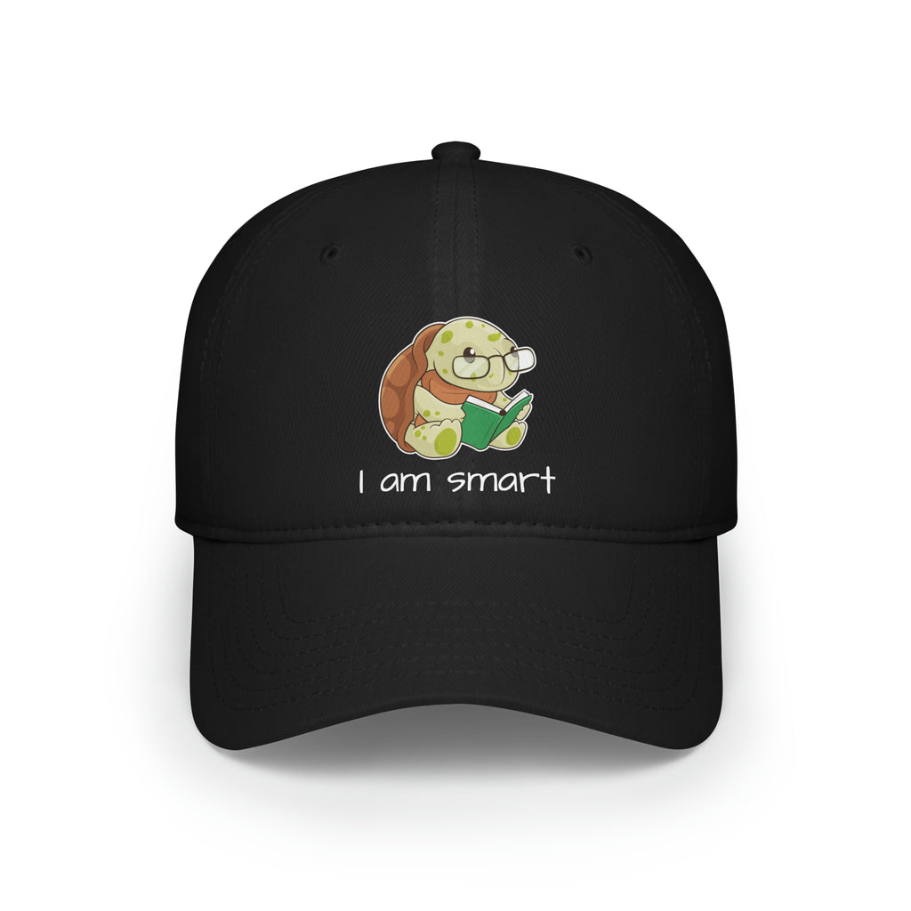 Front-view of a black baseball hat with a picture of a turtle that says I am smart.
