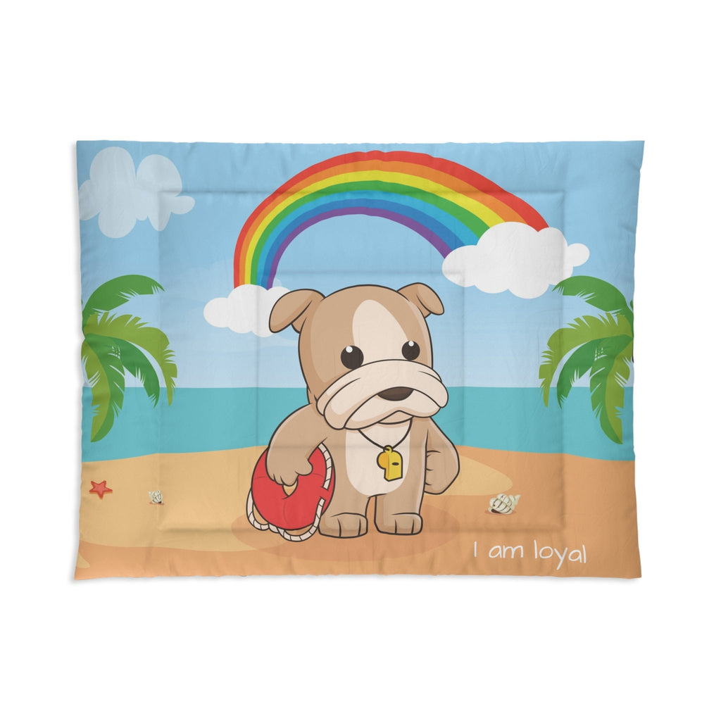 A 68 by 88 inch bed comforter with a scene of a dog lifeguard standing on a beach, a rainbow in the background, and the phrase "I am loyal" along the bottom.
