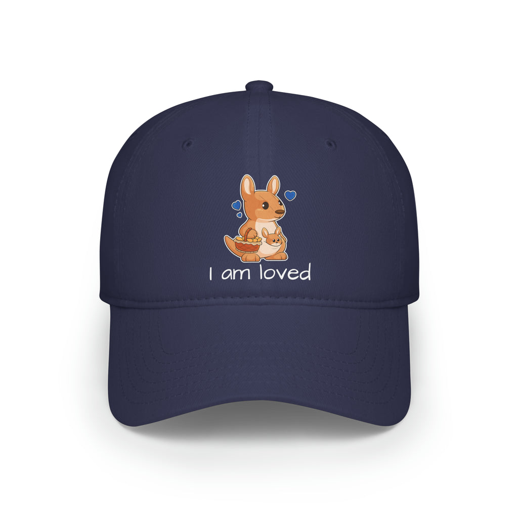 Front-view of a navy blue baseball hat with a picture of a kangaroo that says I am loved.