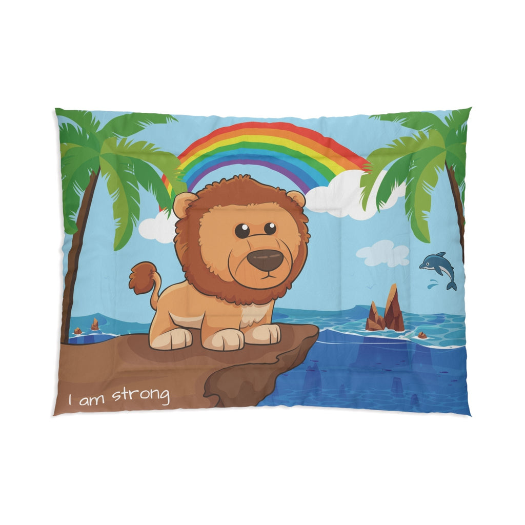 A 68 by 92 inch bed comforter with a scene of a lion standing on a cliff over the ocean, a rainbow in the background, and the phrase "I am strong" along the bottom.