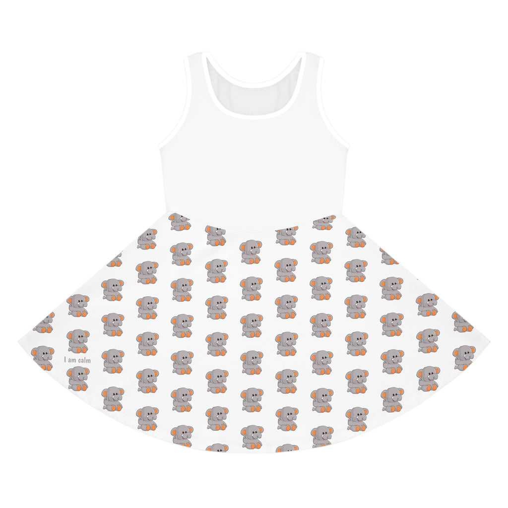 Front-view of a sleeveless white dress with a white top and a repeating pattern of an elephant on the skirt.