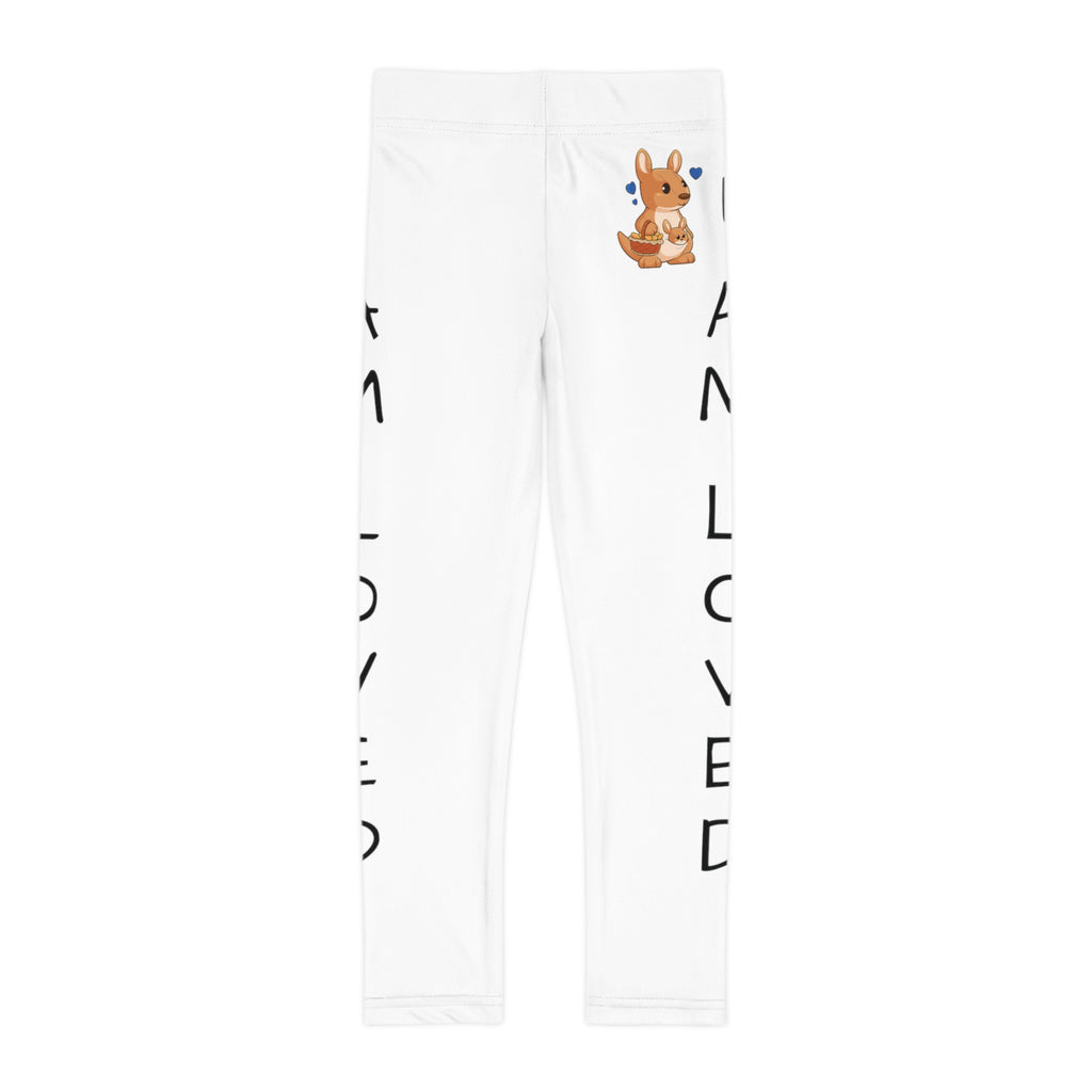 White leggings with a picture of a kangaroo on the front left waist and the phrase "I am loved" read top to bottom on the side of each leg.