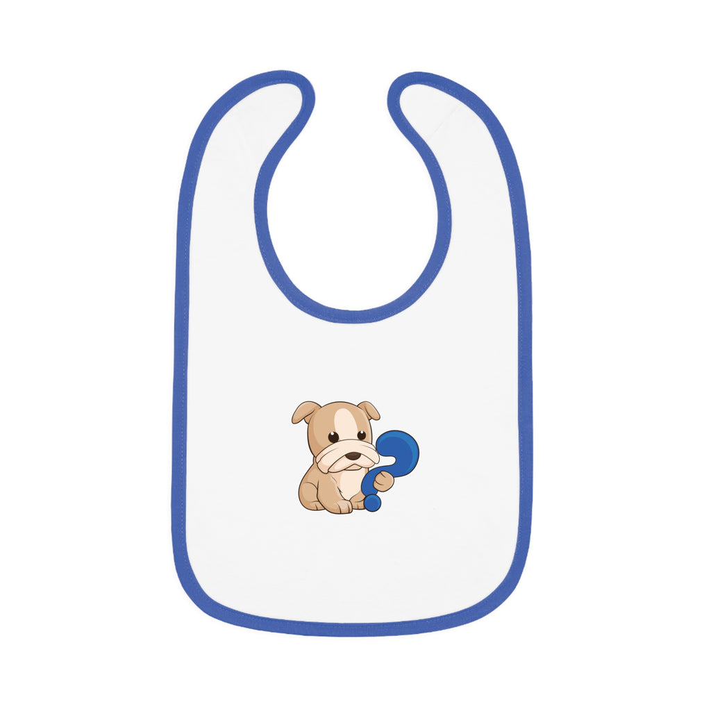 A white baby bib with royal blue trim and a small picture of a dog.