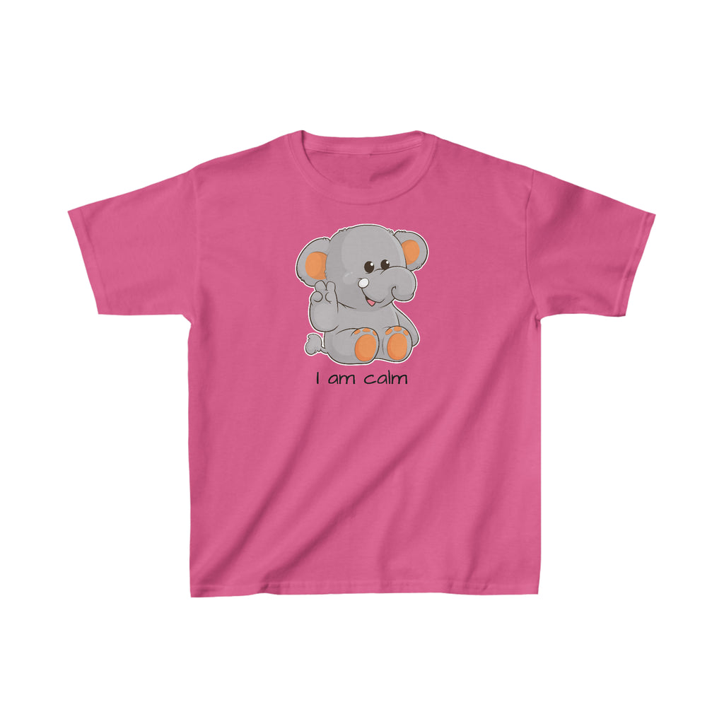 A short-sleeve pink shirt with a picture of an elephant that says I am calm.