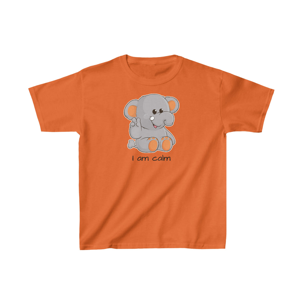 A short-sleeve orange shirt with a picture of an elephant that says I am calm.