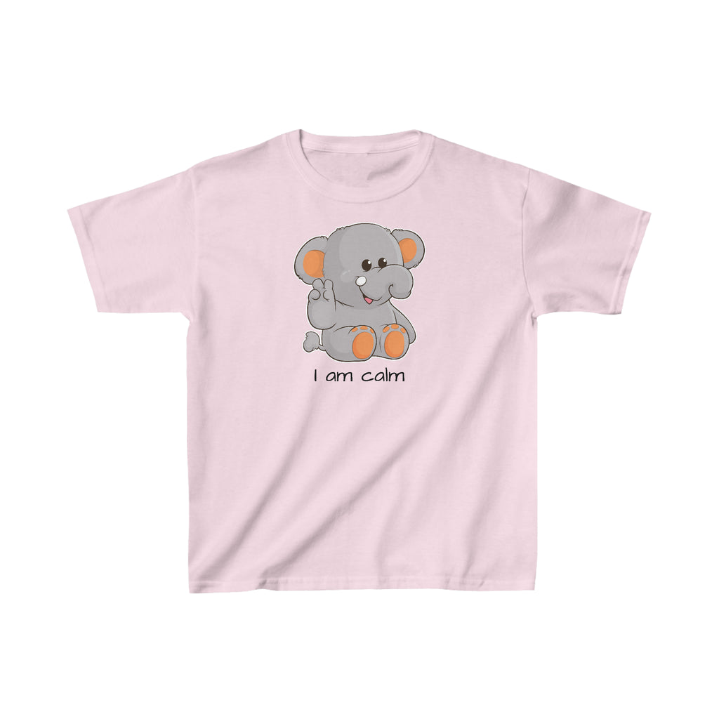 A short-sleeve light pink shirt with a picture of an elephant that says I am calm.