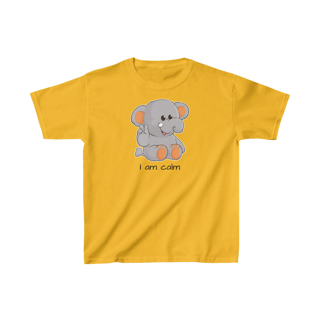 A short-sleeve golden yellow shirt with a picture of an elephant that says I am calm.