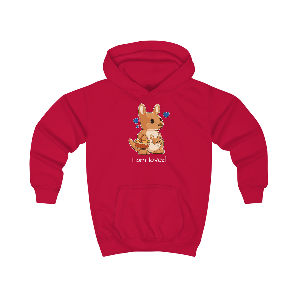 A red hoodie with a picture of a kangaroo that says I am loved.
